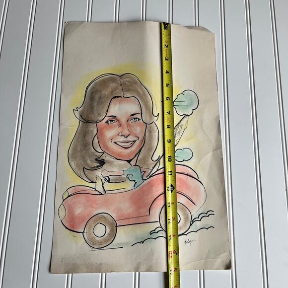 Vintage Original Caricature portrait drawing Women in Red Car 70's 80's Romcom - Picture 6 of 9